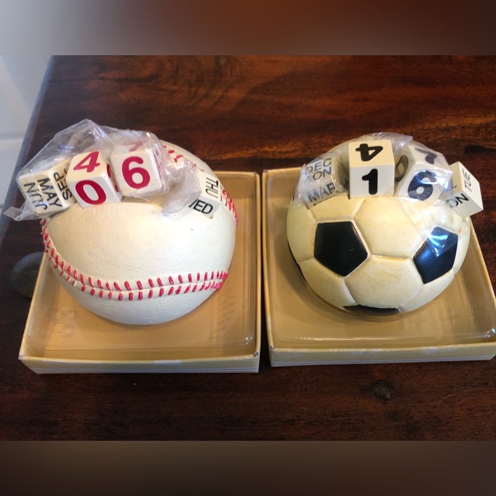 2 Vintage Russ Berrie Baseball & Soccer Calendar Perpetual Resin Baseball
